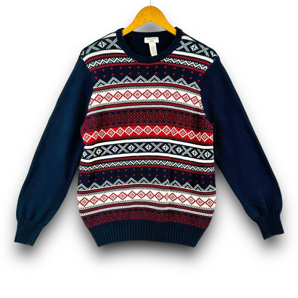 Dockers Fair Isle Cotton Knit Long Sleeve Crewneck Sweater Blue Red White Large